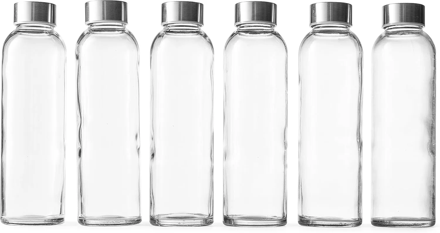 Epica glass bottles with lids – 18oz glass water bottles, reusable juice jar with lids for storing juices, reusable water bottle durable & ecofriendly set of 6