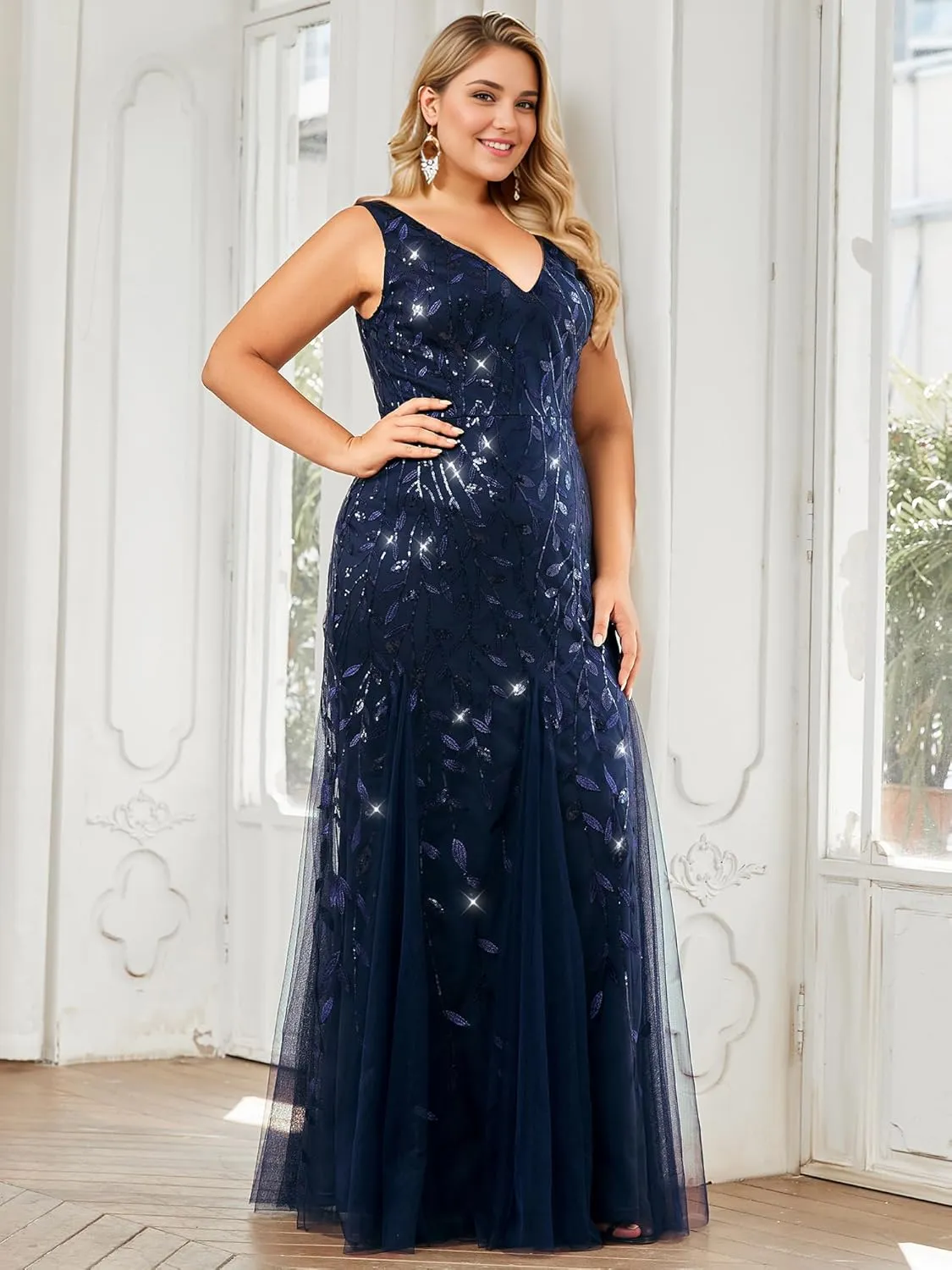 Ever-Pretty Plus Women's Sleeveless V Neck Mermaid Sequin Ball Gowns Plus Size Formal Evening Dresses 07886-DAPH