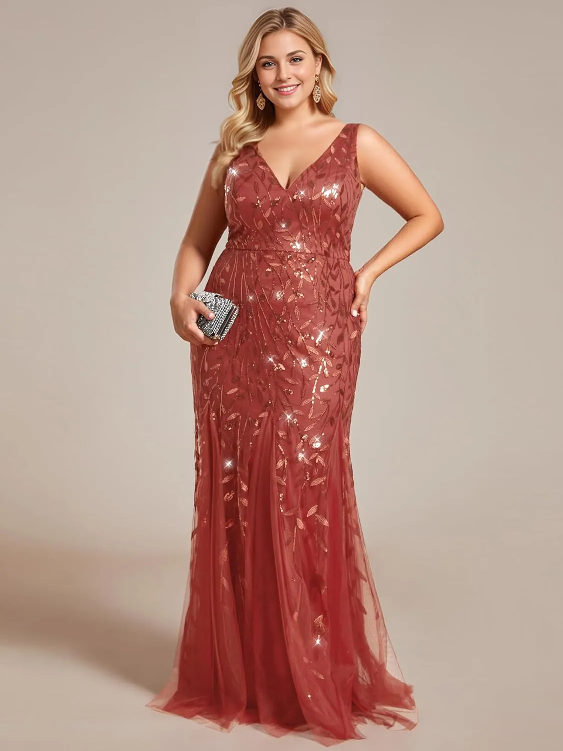 Ever-Pretty Plus Women's Sleeveless V Neck Mermaid Sequin Ball Gowns Plus Size Formal Evening Dresses 07886-DAPH