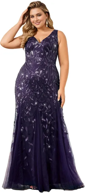 Ever-Pretty Plus Women's Sleeveless V Neck Mermaid Sequin Ball Gowns Plus Size Formal Evening Dresses 07886-DAPH