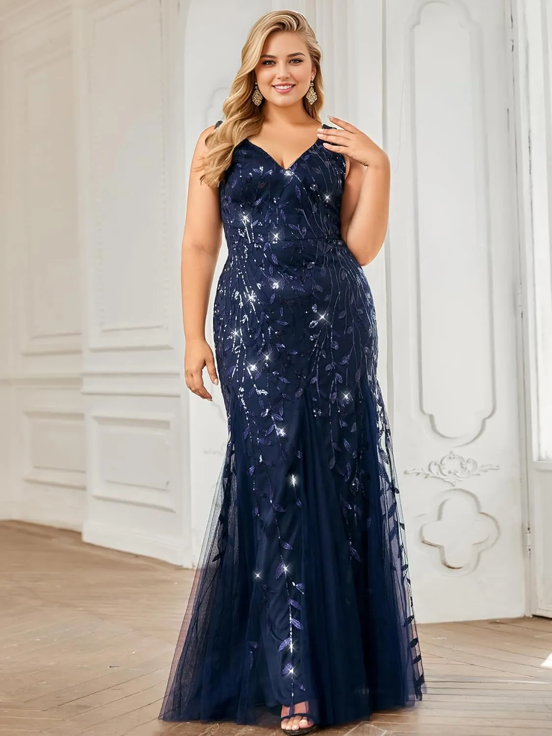 Ever-Pretty Plus Women's Sleeveless V Neck Mermaid Sequin Ball Gowns Plus Size Formal Evening Dresses 07886-DAPH