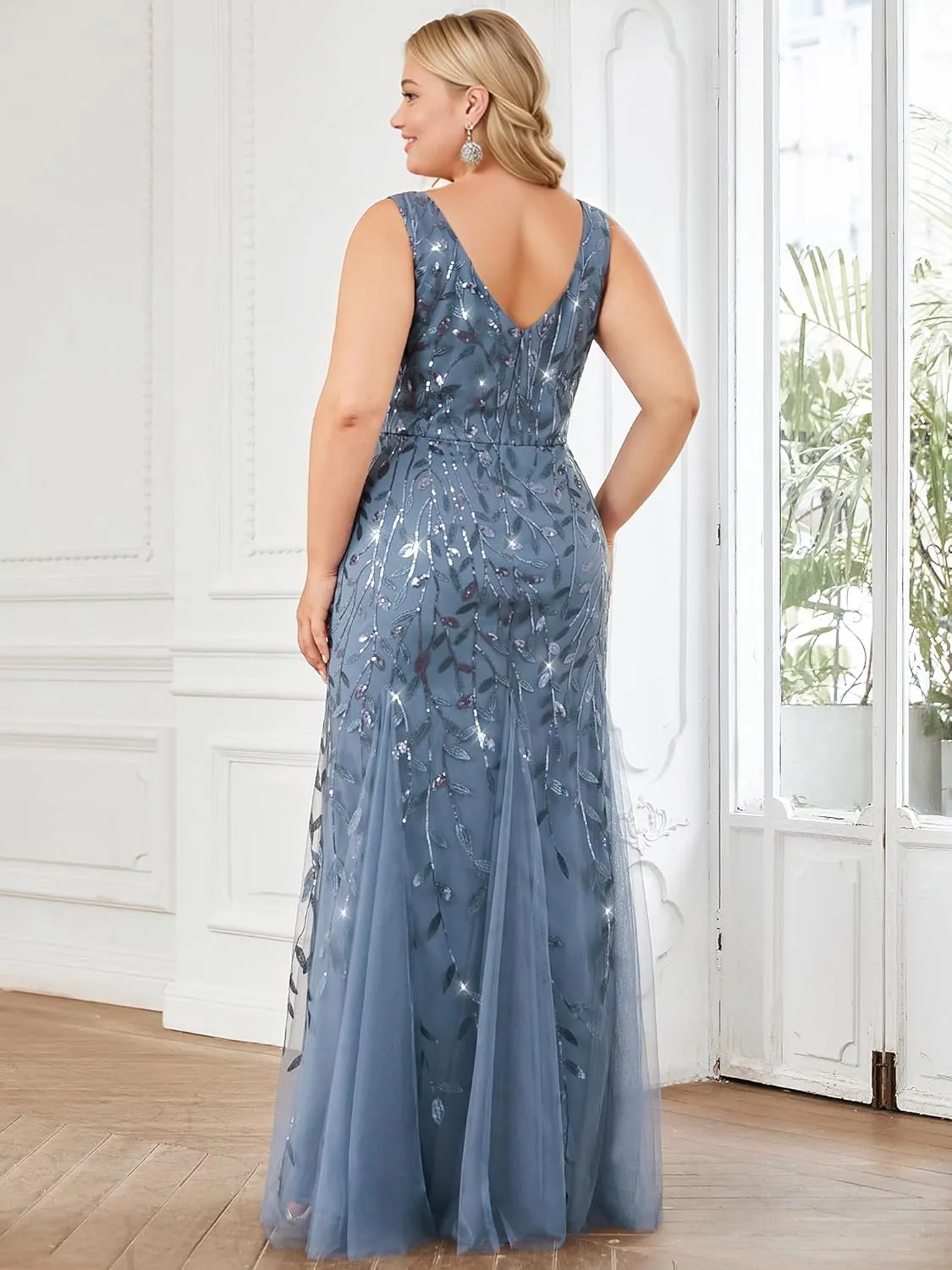 Ever-Pretty Plus Women's Sleeveless V Neck Mermaid Sequin Ball Gowns Plus Size Formal Evening Dresses 07886-DAPH