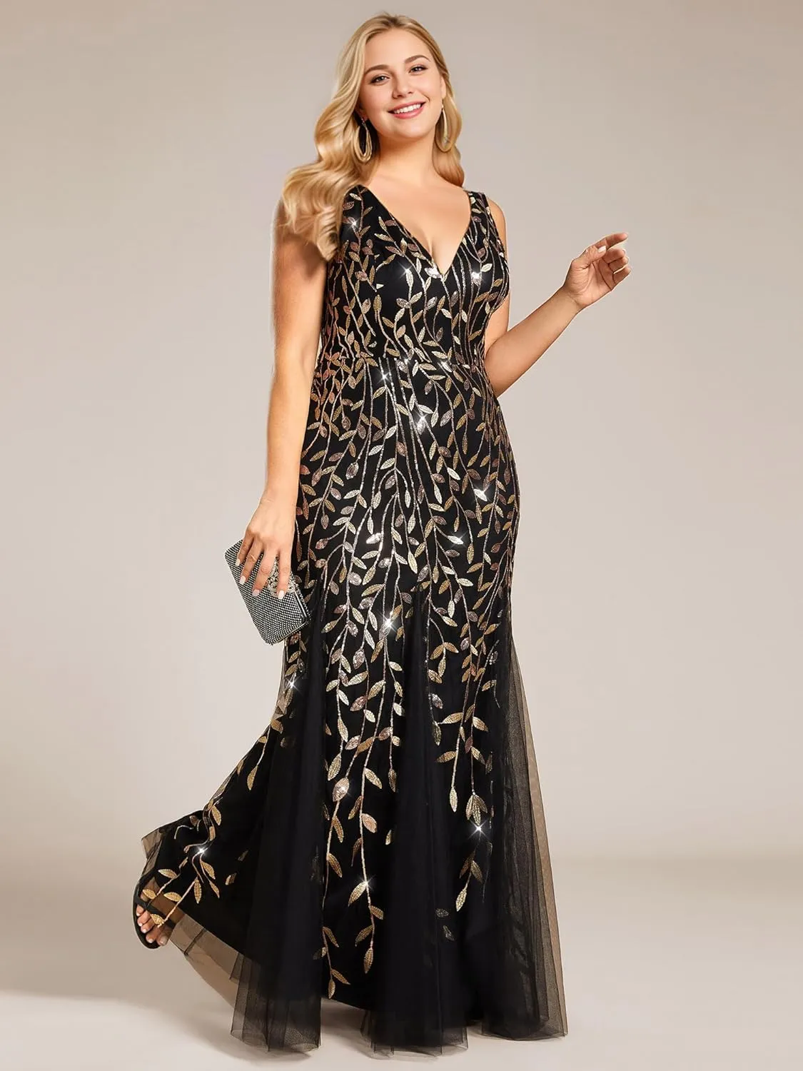 Ever-Pretty Plus Women's Sleeveless V Neck Mermaid Sequin Ball Gowns Plus Size Formal Evening Dresses 07886-DAPH