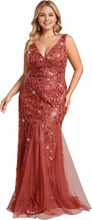 Ever-Pretty Plus Women's Sleeveless V Neck Mermaid Sequin Ball Gowns Plus Size Formal Evening Dresses 07886-DAPH