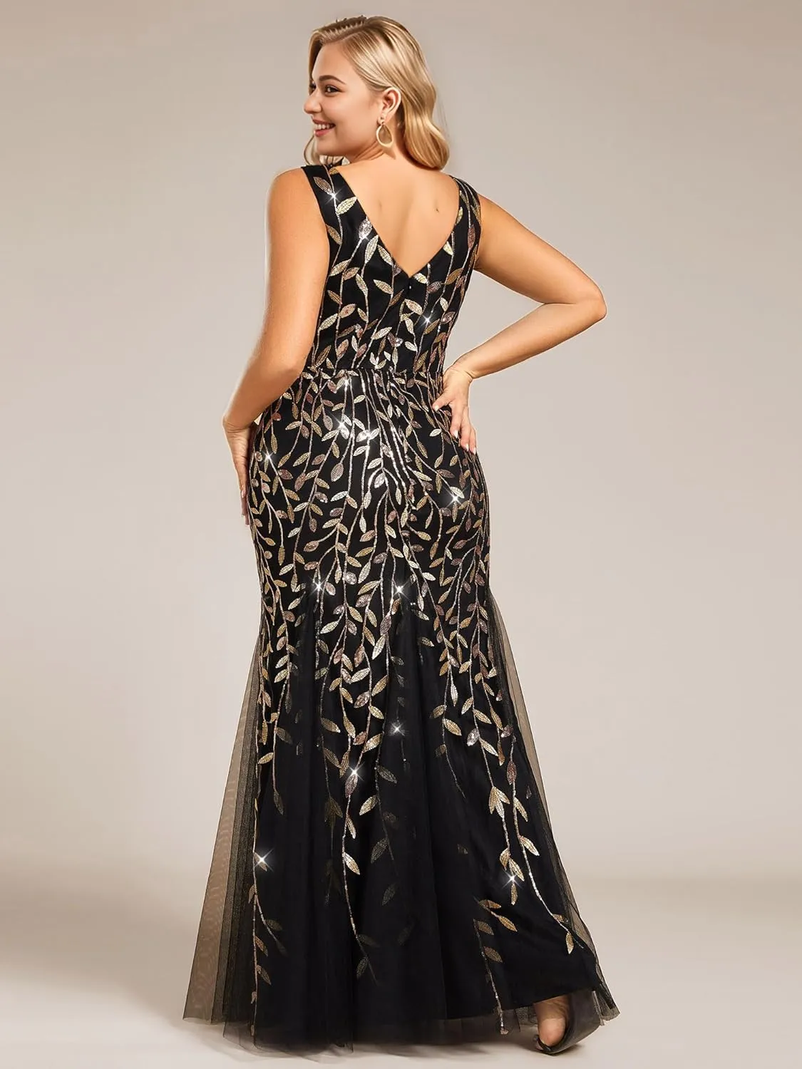 Ever-Pretty Plus Women's Sleeveless V Neck Mermaid Sequin Ball Gowns Plus Size Formal Evening Dresses 07886-DAPH