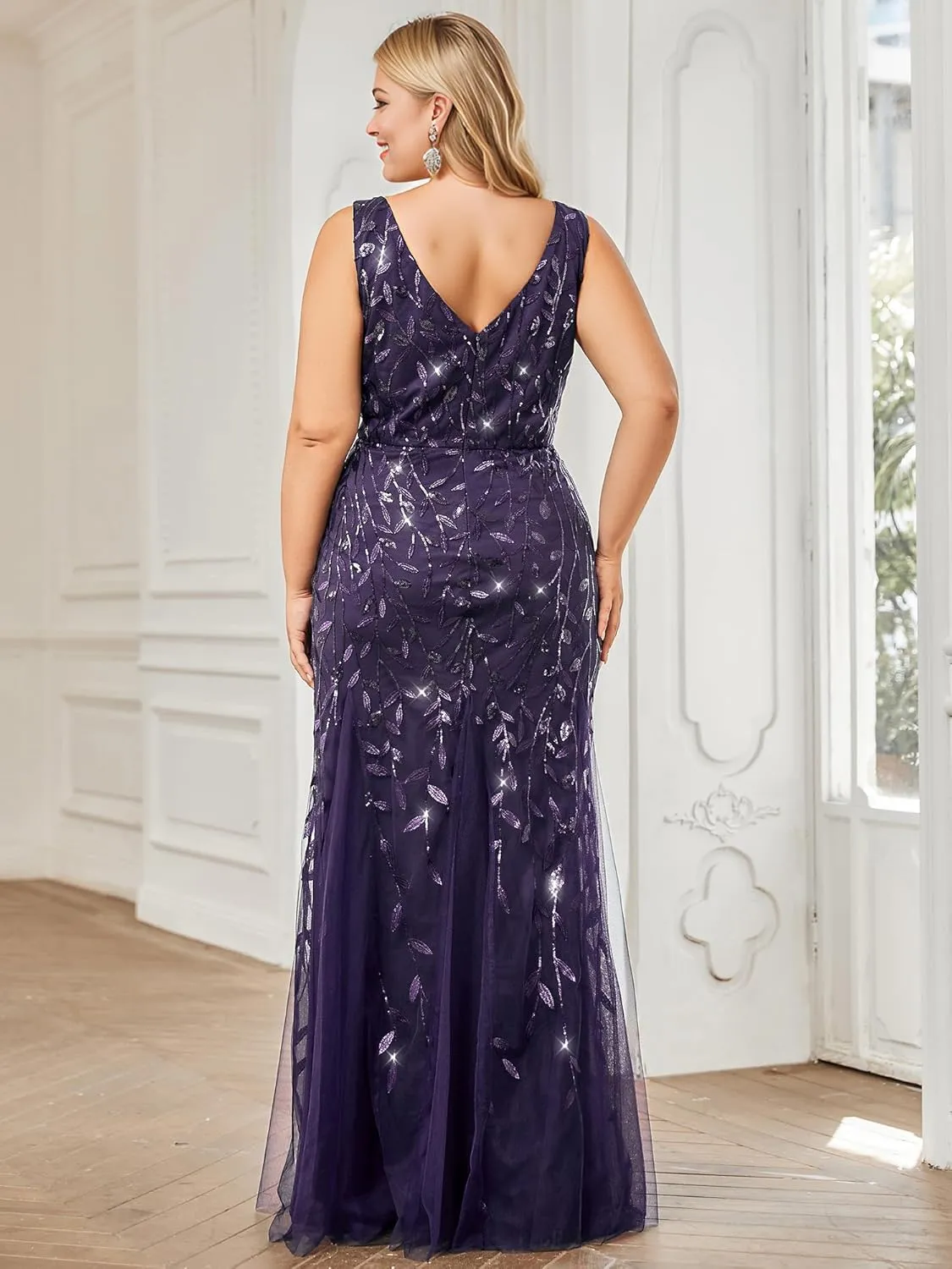 Ever-Pretty Plus Women's Sleeveless V Neck Mermaid Sequin Ball Gowns Plus Size Formal Evening Dresses 07886-DAPH