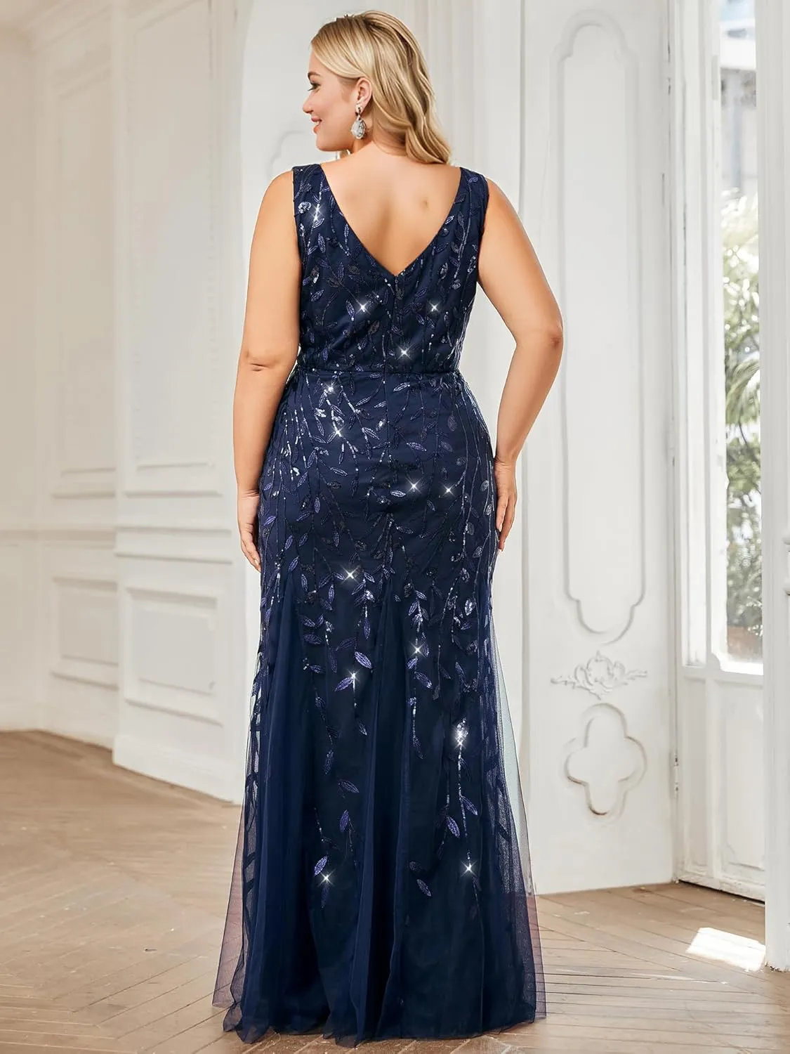 Ever-Pretty Plus Women's Sleeveless V Neck Mermaid Sequin Ball Gowns Plus Size Formal Evening Dresses 07886-DAPH