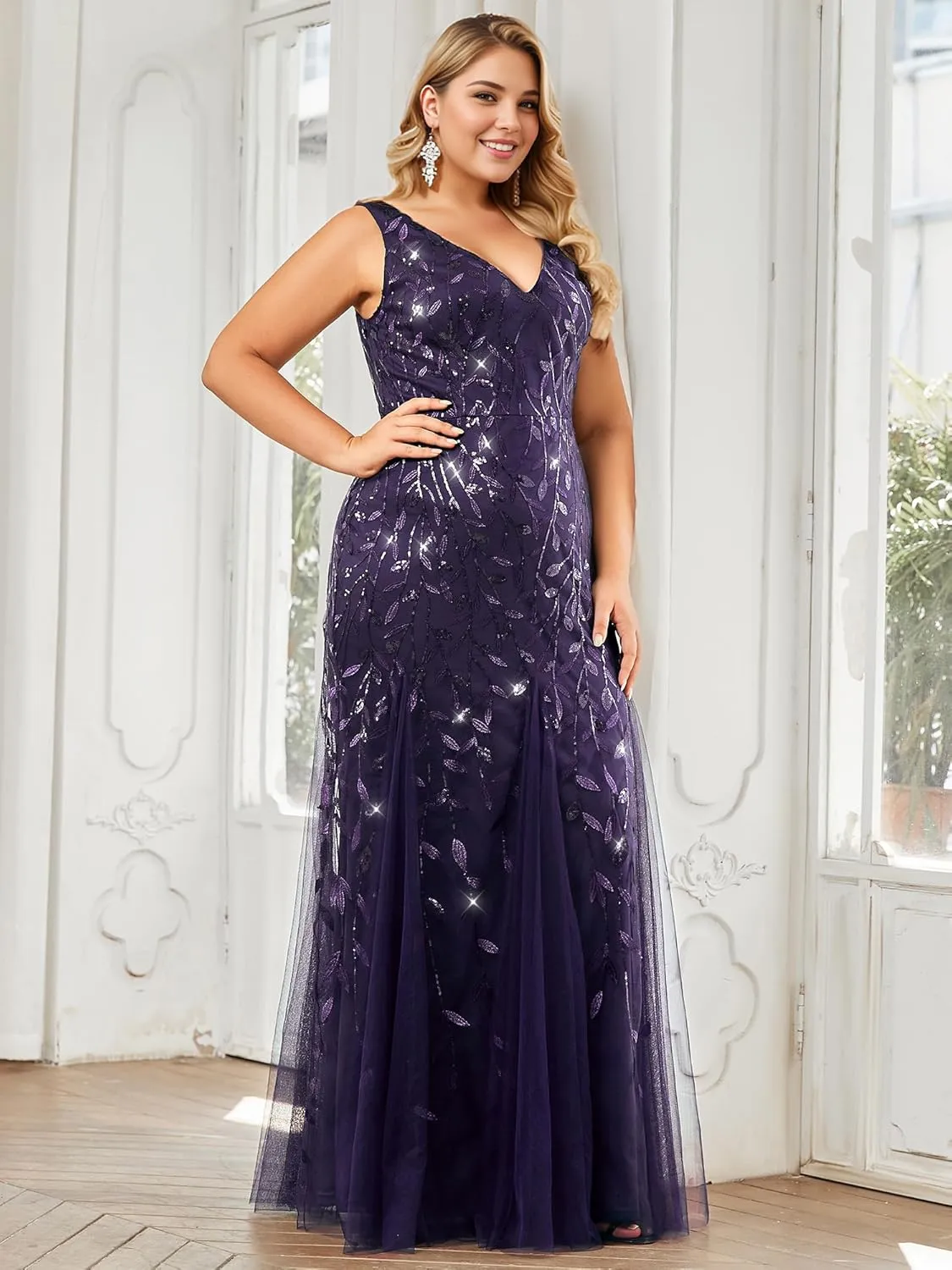 Ever-Pretty Plus Women's Sleeveless V Neck Mermaid Sequin Ball Gowns Plus Size Formal Evening Dresses 07886-DAPH