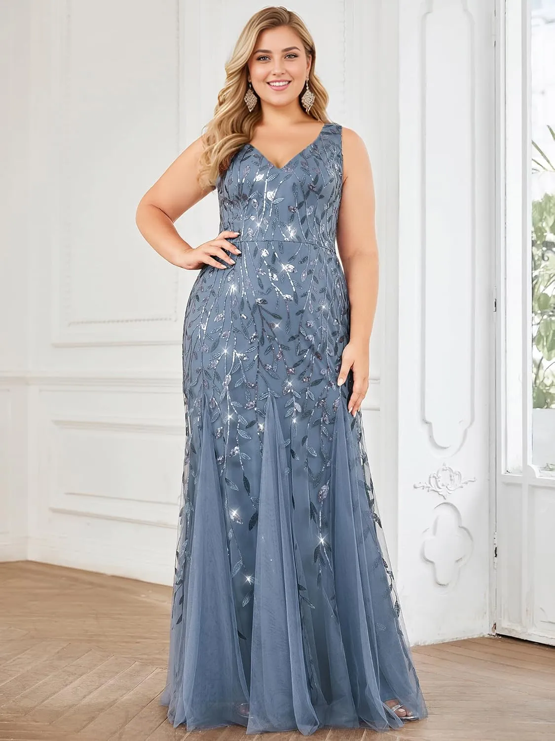 Ever-Pretty Plus Women's Sleeveless V Neck Mermaid Sequin Ball Gowns Plus Size Formal Evening Dresses 07886-DAPH