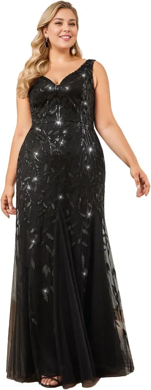 Ever-Pretty Plus Women's Sleeveless V Neck Mermaid Sequin Ball Gowns Plus Size Formal Evening Dresses 07886-DAPH