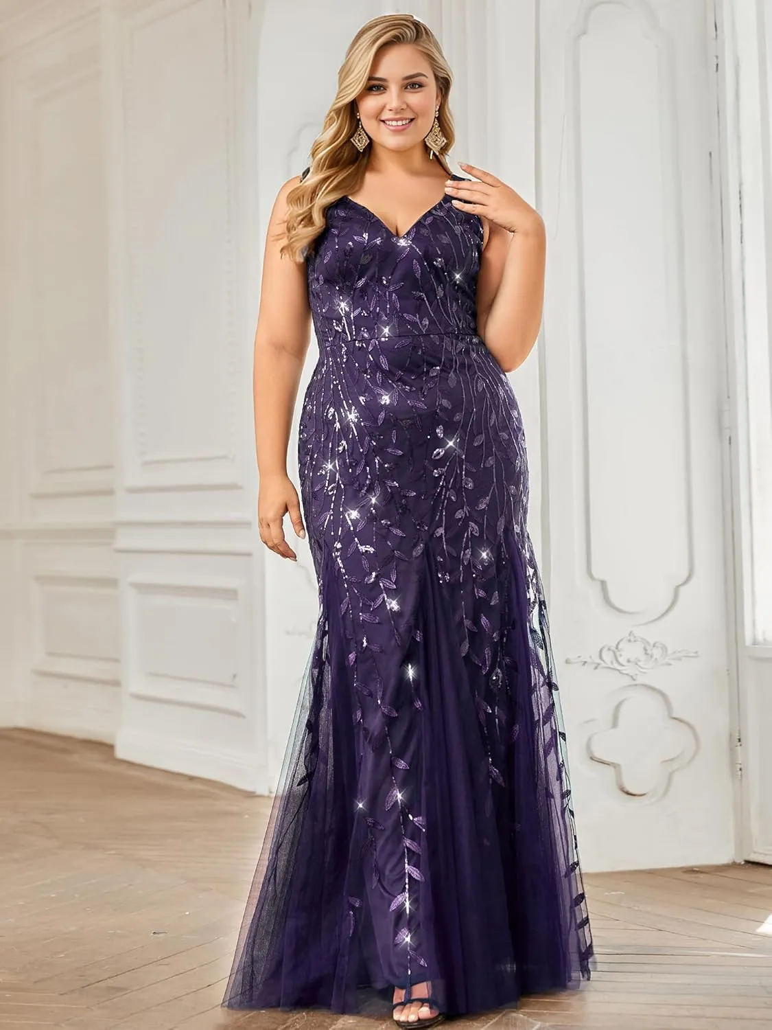 Ever-Pretty Plus Women's Sleeveless V Neck Mermaid Sequin Ball Gowns Plus Size Formal Evening Dresses 07886-DAPH