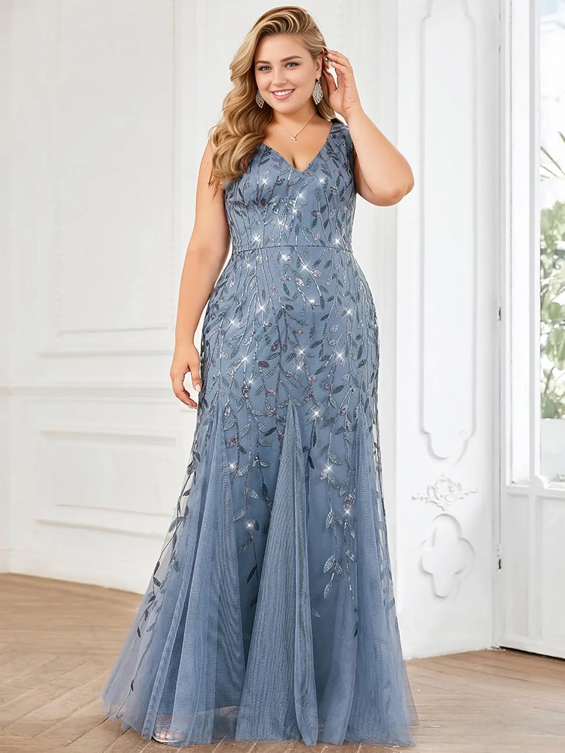 Ever-Pretty Plus Women's Sleeveless V Neck Mermaid Sequin Ball Gowns Plus Size Formal Evening Dresses 07886-DAPH