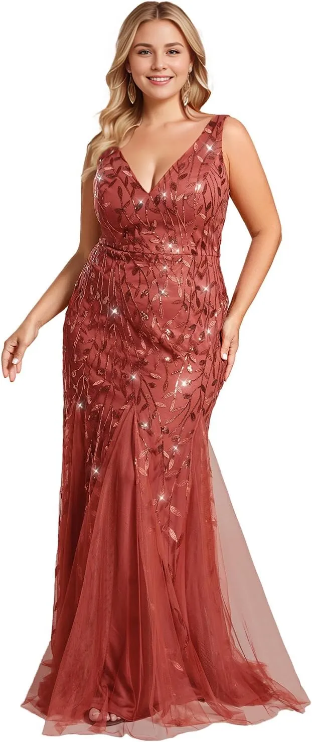 Ever-Pretty Plus Women's Sleeveless V Neck Mermaid Sequin Ball Gowns Plus Size Formal Evening Dresses 07886-DAPH