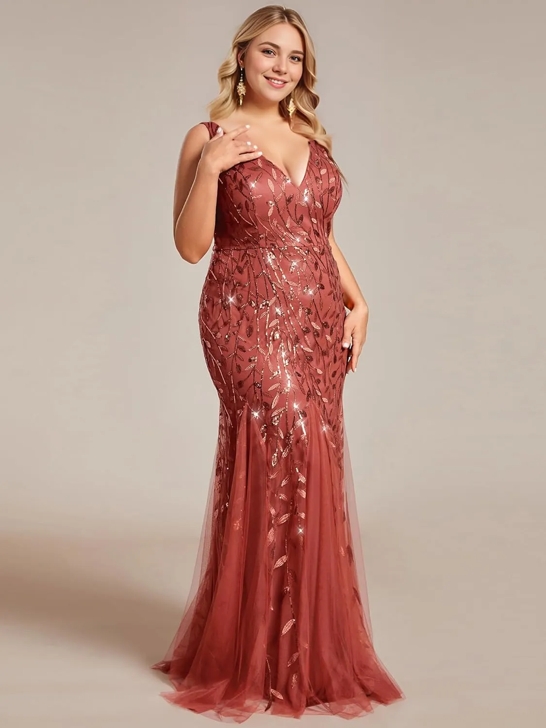 Ever-Pretty Plus Women's Sleeveless V Neck Mermaid Sequin Ball Gowns Plus Size Formal Evening Dresses 07886-DAPH