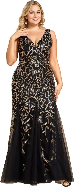 Ever-Pretty Plus Women's Sleeveless V Neck Mermaid Sequin Ball Gowns Plus Size Formal Evening Dresses 07886-DAPH