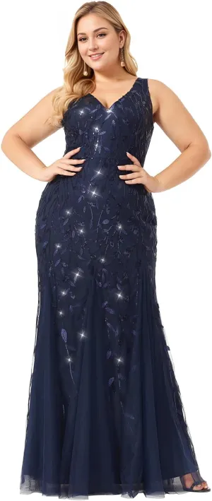 Ever-Pretty Plus Women's Sleeveless V Neck Mermaid Sequin Ball Gowns Plus Size Formal Evening Dresses 07886-DAPH
