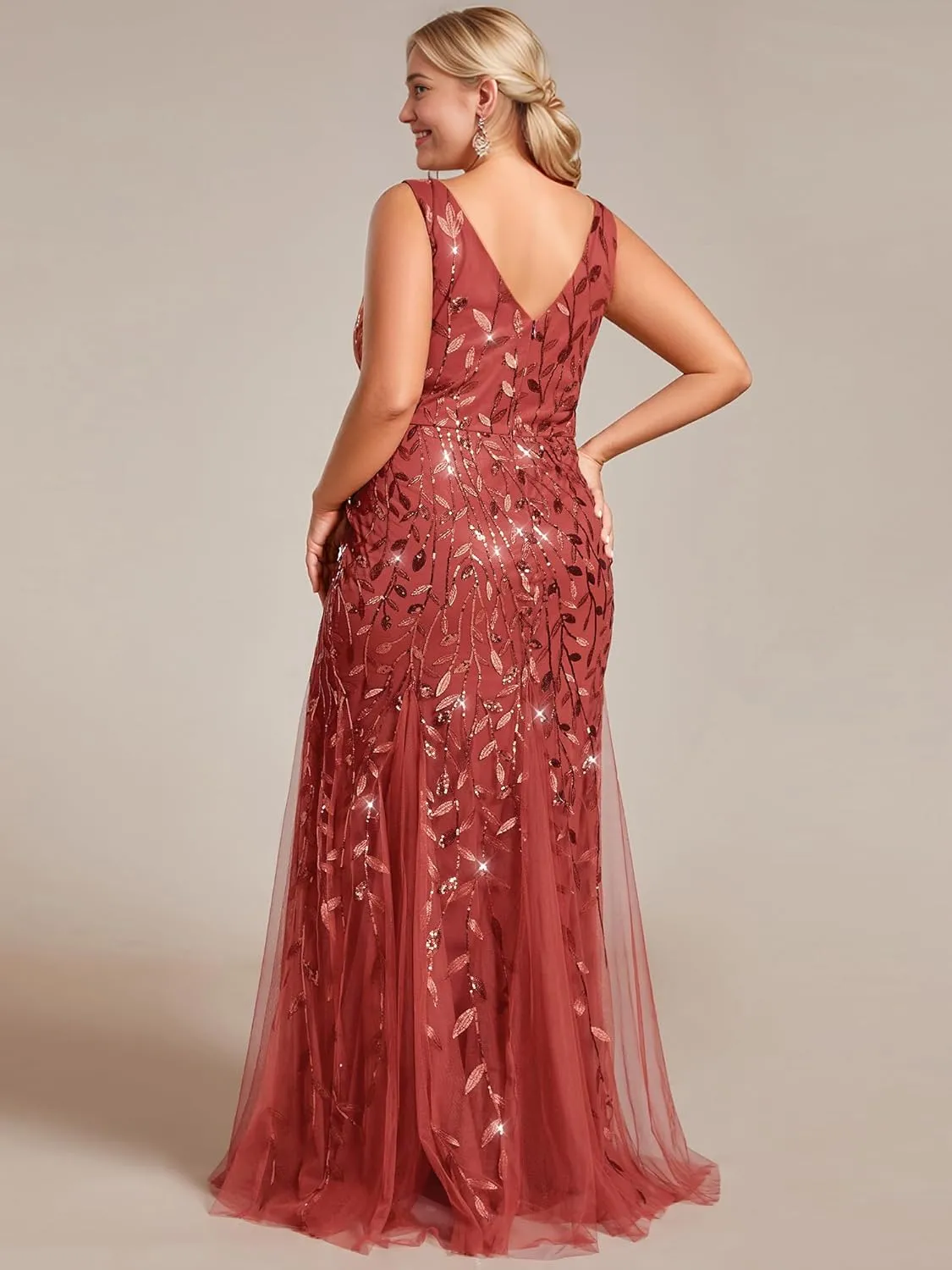 Ever-Pretty Plus Women's Sleeveless V Neck Mermaid Sequin Ball Gowns Plus Size Formal Evening Dresses 07886-DAPH