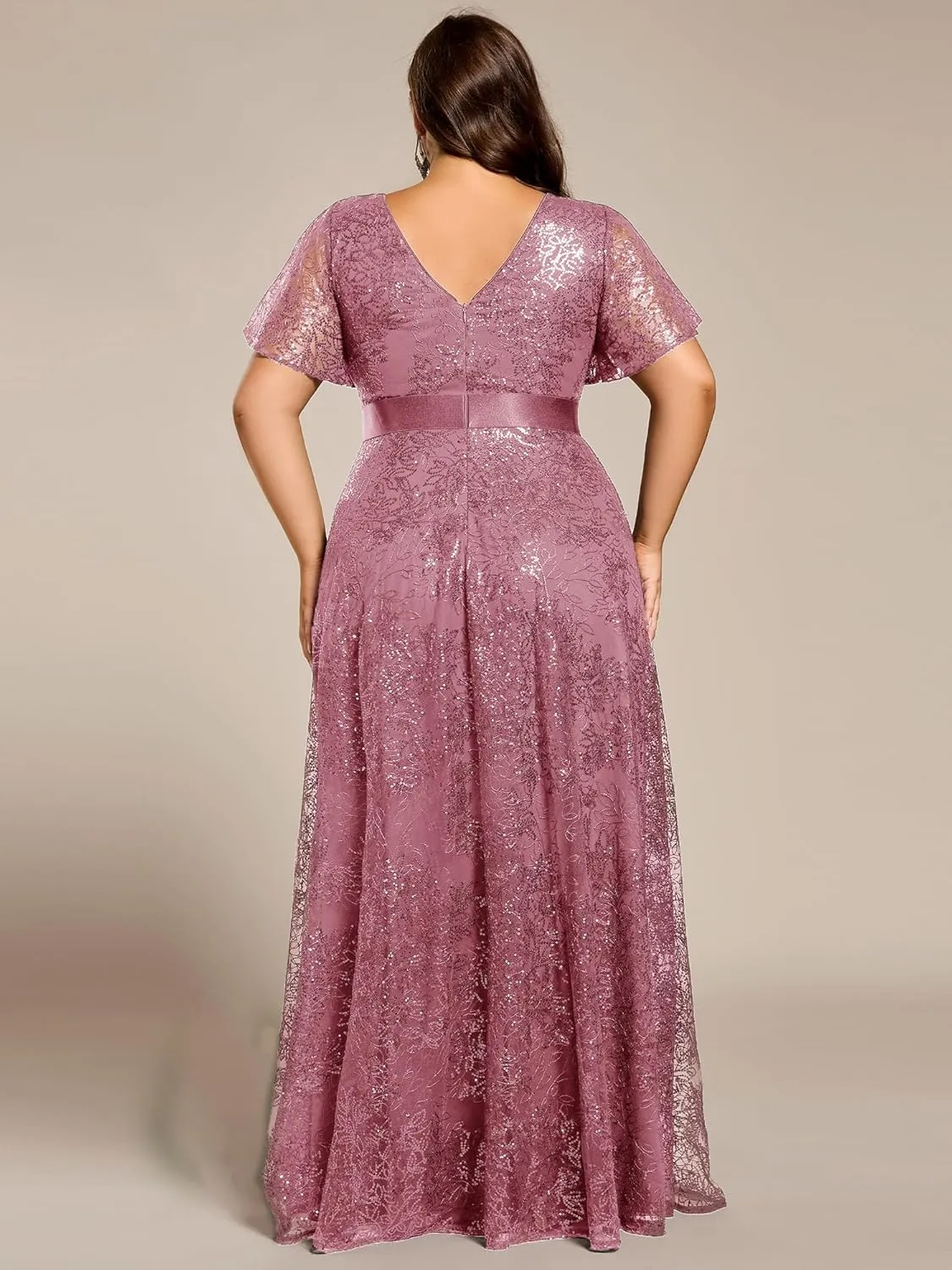 Ever-Pretty Plus Women's V Neck Embroidered Sequin A Line Ruffles Sleeves Plus Size Evening Dresses Ball Gowns 02314-DA
