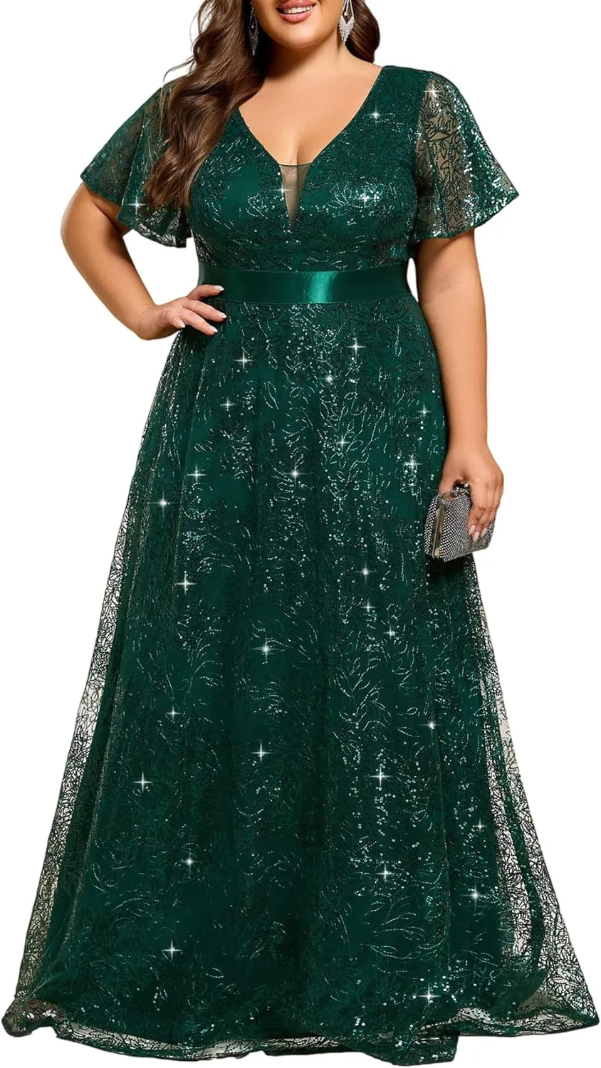 Ever-Pretty Plus Women's V Neck Embroidered Sequin A Line Ruffles Sleeves Plus Size Evening Dresses Ball Gowns 02314-DA