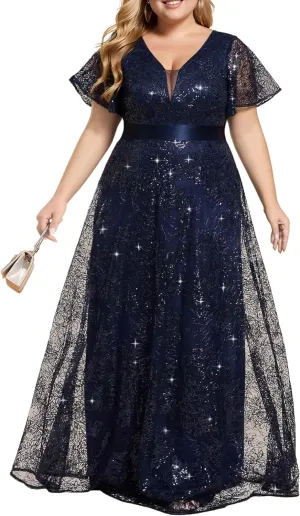 Ever-Pretty Plus Women's V Neck Embroidered Sequin A Line Ruffles Sleeves Plus Size Evening Dresses Ball Gowns 02314-DA