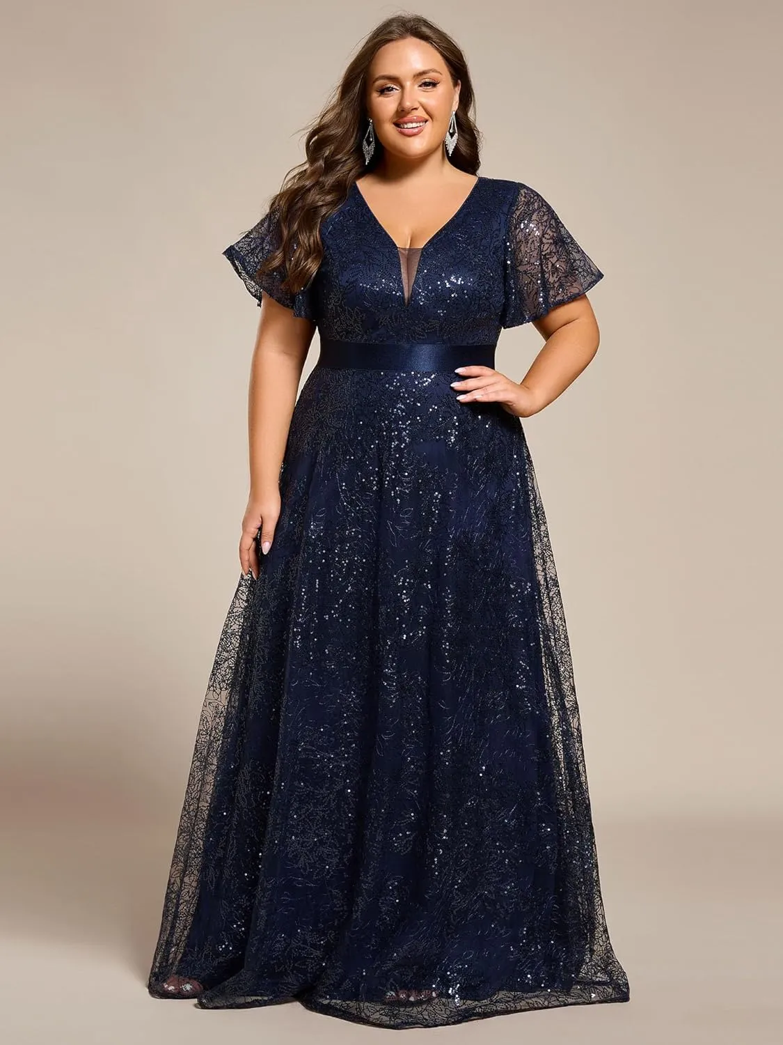 Ever-Pretty Plus Women's V Neck Embroidered Sequin A Line Ruffles Sleeves Plus Size Evening Dresses Ball Gowns 02314-DA