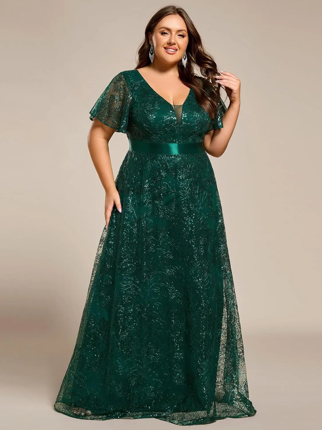 Ever-Pretty Plus Women's V Neck Embroidered Sequin A Line Ruffles Sleeves Plus Size Evening Dresses Ball Gowns 02314-DA