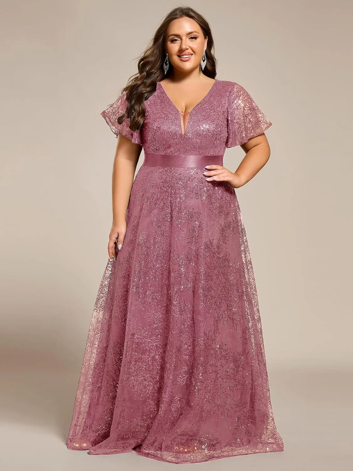 Ever-Pretty Plus Women's V Neck Embroidered Sequin A Line Ruffles Sleeves Plus Size Evening Dresses Ball Gowns 02314-DA