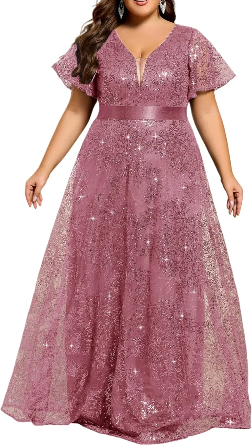 Ever-Pretty Plus Women's V Neck Embroidered Sequin A Line Ruffles Sleeves Plus Size Evening Dresses Ball Gowns 02314-DA