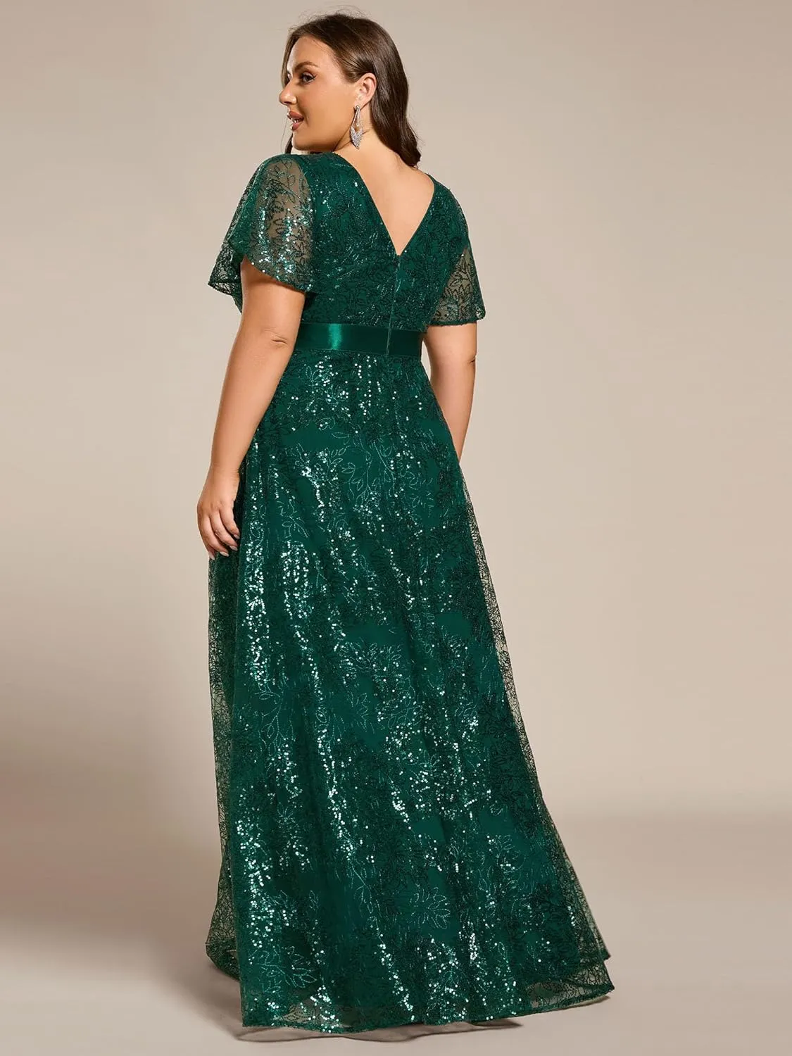 Ever-Pretty Plus Women's V Neck Embroidered Sequin A Line Ruffles Sleeves Plus Size Evening Dresses Ball Gowns 02314-DA