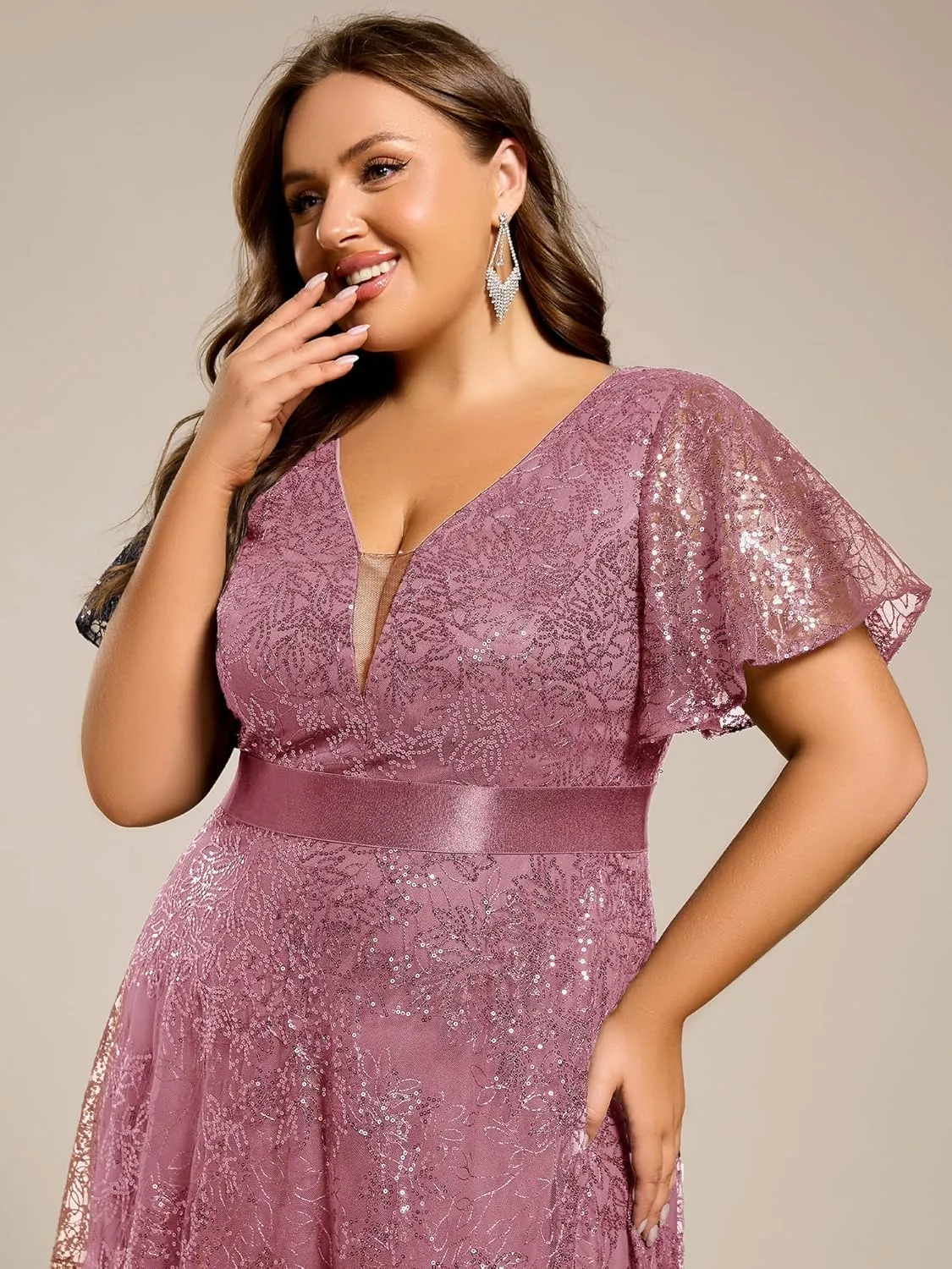 Ever-Pretty Plus Women's V Neck Embroidered Sequin A Line Ruffles Sleeves Plus Size Evening Dresses Ball Gowns 02314-DA