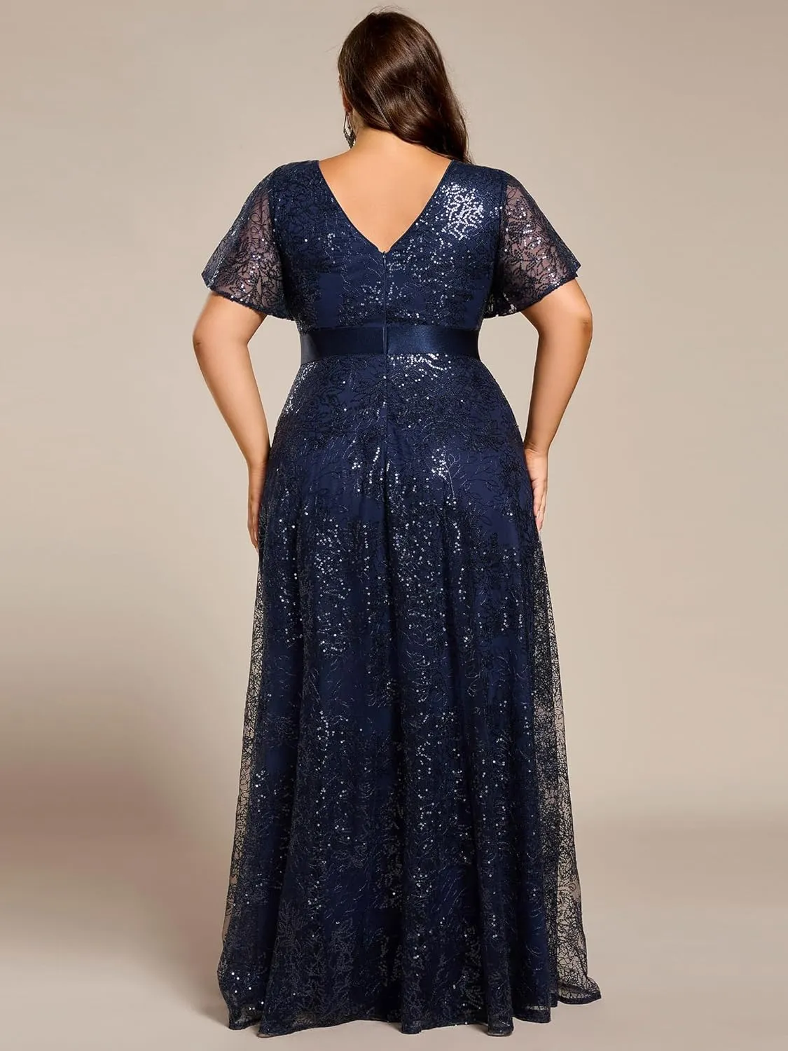 Ever-Pretty Plus Women's V Neck Embroidered Sequin A Line Ruffles Sleeves Plus Size Evening Dresses Ball Gowns 02314-DA