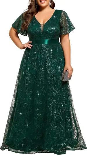 Ever-Pretty Plus Women's V Neck Embroidered Sequin A Line Ruffles Sleeves Plus Size Evening Dresses Ball Gowns 02314-DA