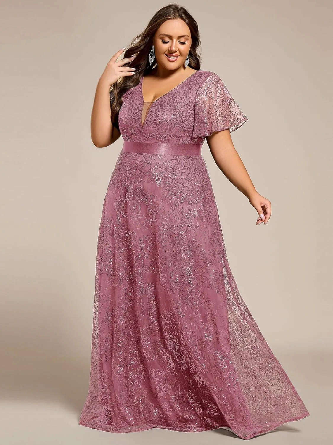 Ever-Pretty Plus Women's V Neck Embroidered Sequin A Line Ruffles Sleeves Plus Size Evening Dresses Ball Gowns 02314-DA