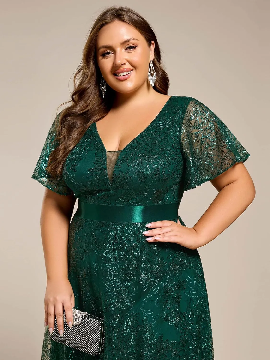 Ever-Pretty Plus Women's V Neck Embroidered Sequin A Line Ruffles Sleeves Plus Size Evening Dresses Ball Gowns 02314-DA