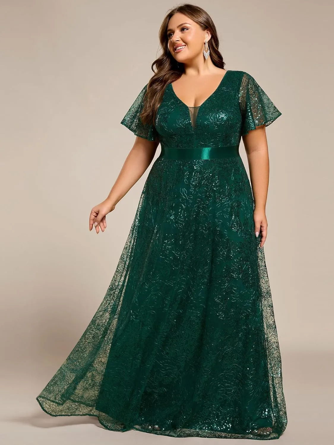 Ever-Pretty Plus Women's V Neck Embroidered Sequin A Line Ruffles Sleeves Plus Size Evening Dresses Ball Gowns 02314-DA