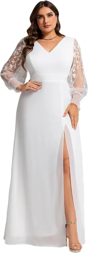 Ever-Pretty Plus Women's V Neck Trendy Embroidered Long Sleeves A Line Chiffon Split Plus Size Formal Evening Dress 02251-DA