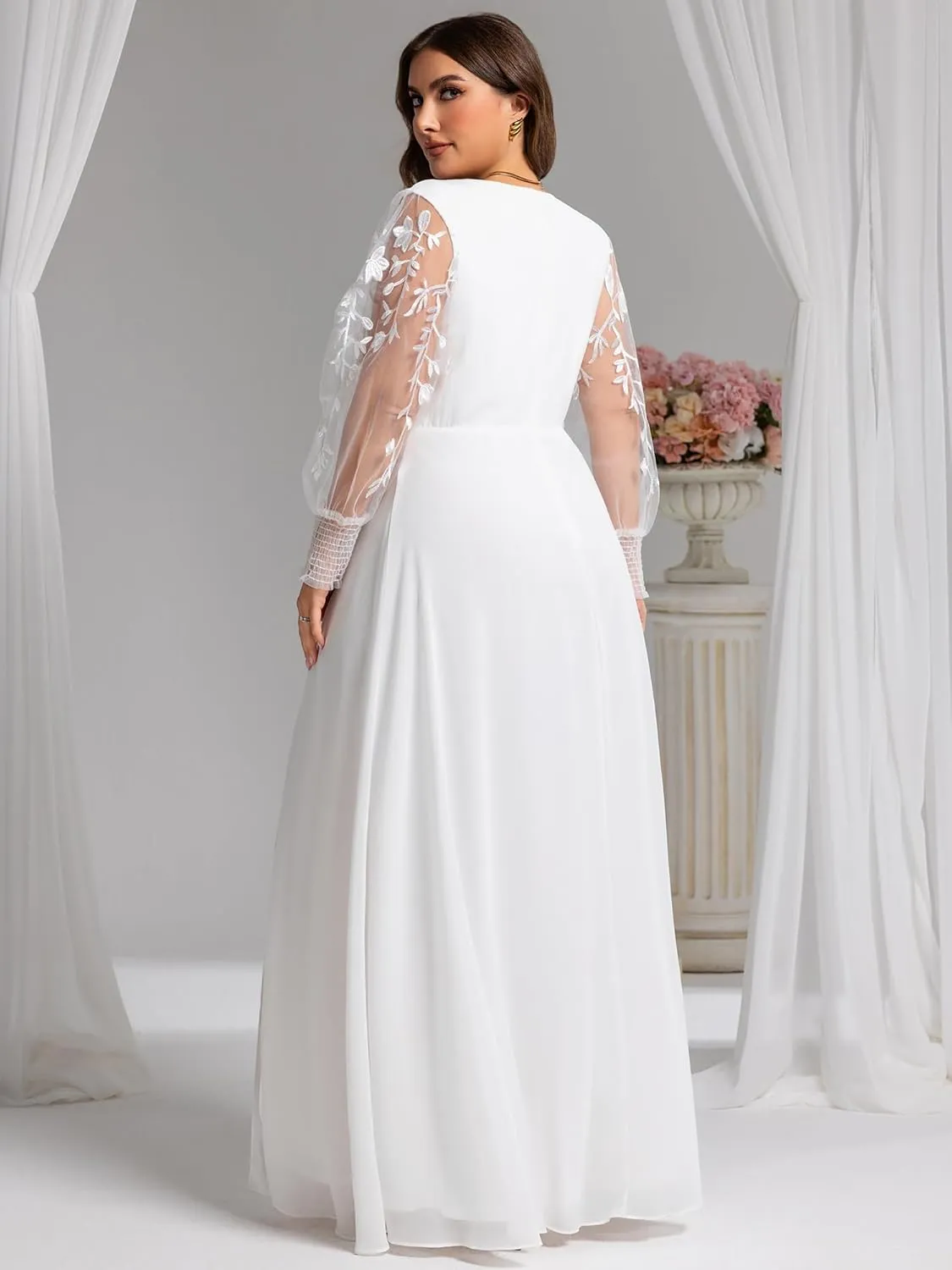 Ever-Pretty Plus Women's V Neck Trendy Embroidered Long Sleeves A Line Chiffon Split Plus Size Formal Evening Dress 02251-DA