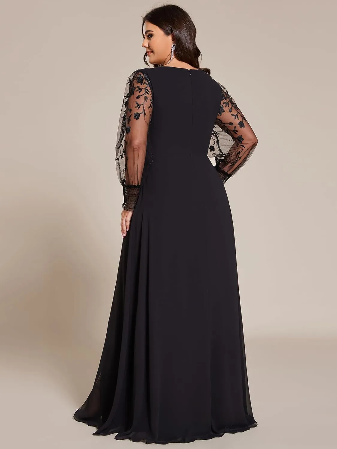 Ever-Pretty Plus Women's V Neck Trendy Embroidered Long Sleeves A Line Chiffon Split Plus Size Formal Evening Dress 02251-DA