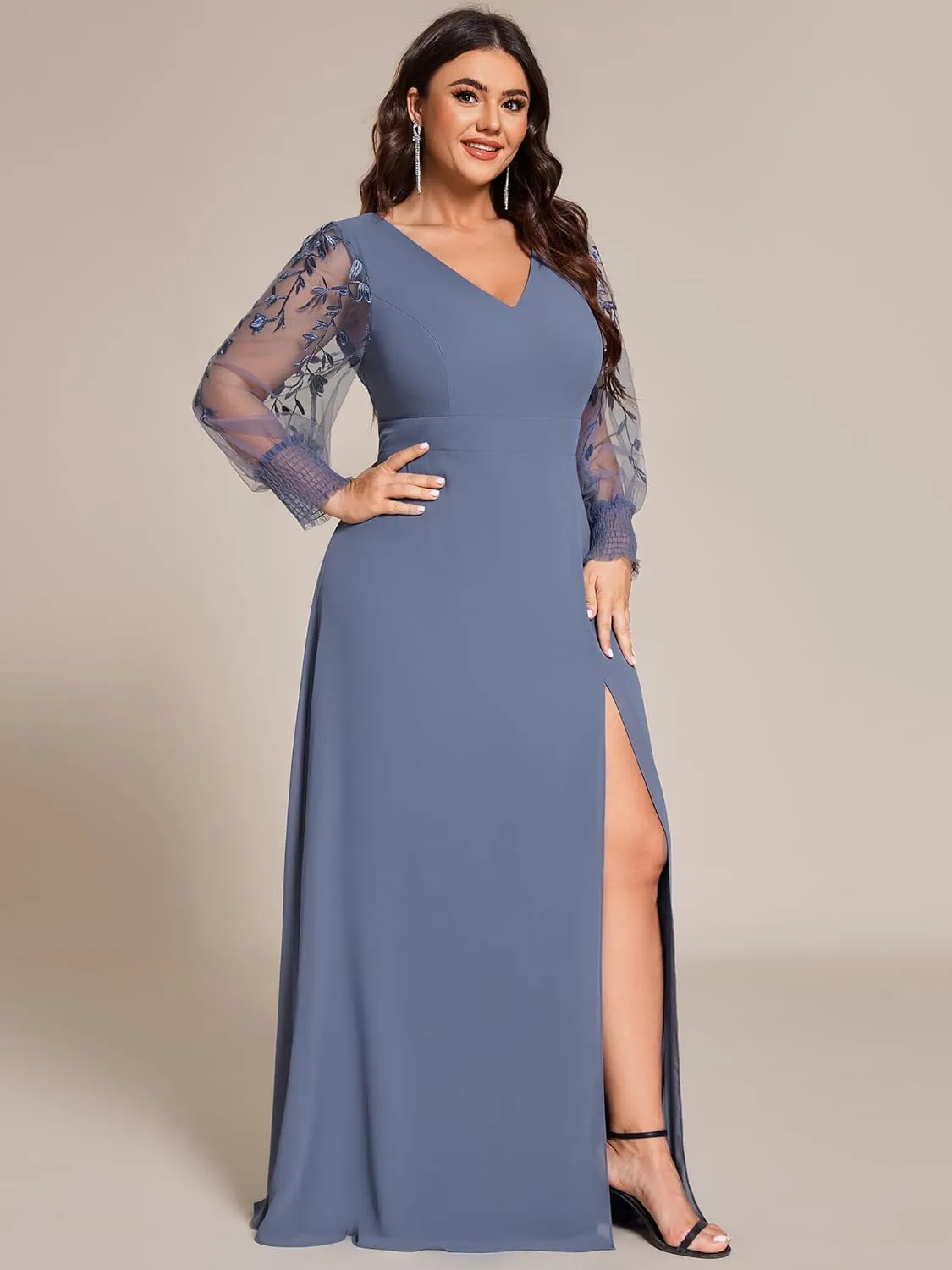 Ever-Pretty Plus Women's V Neck Trendy Embroidered Long Sleeves A Line Chiffon Split Plus Size Formal Evening Dress 02251-DA