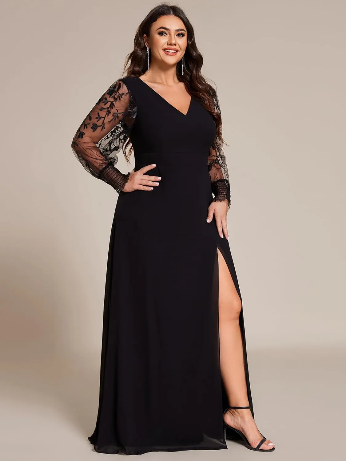 Ever-Pretty Plus Women's V Neck Trendy Embroidered Long Sleeves A Line Chiffon Split Plus Size Formal Evening Dress 02251-DA
