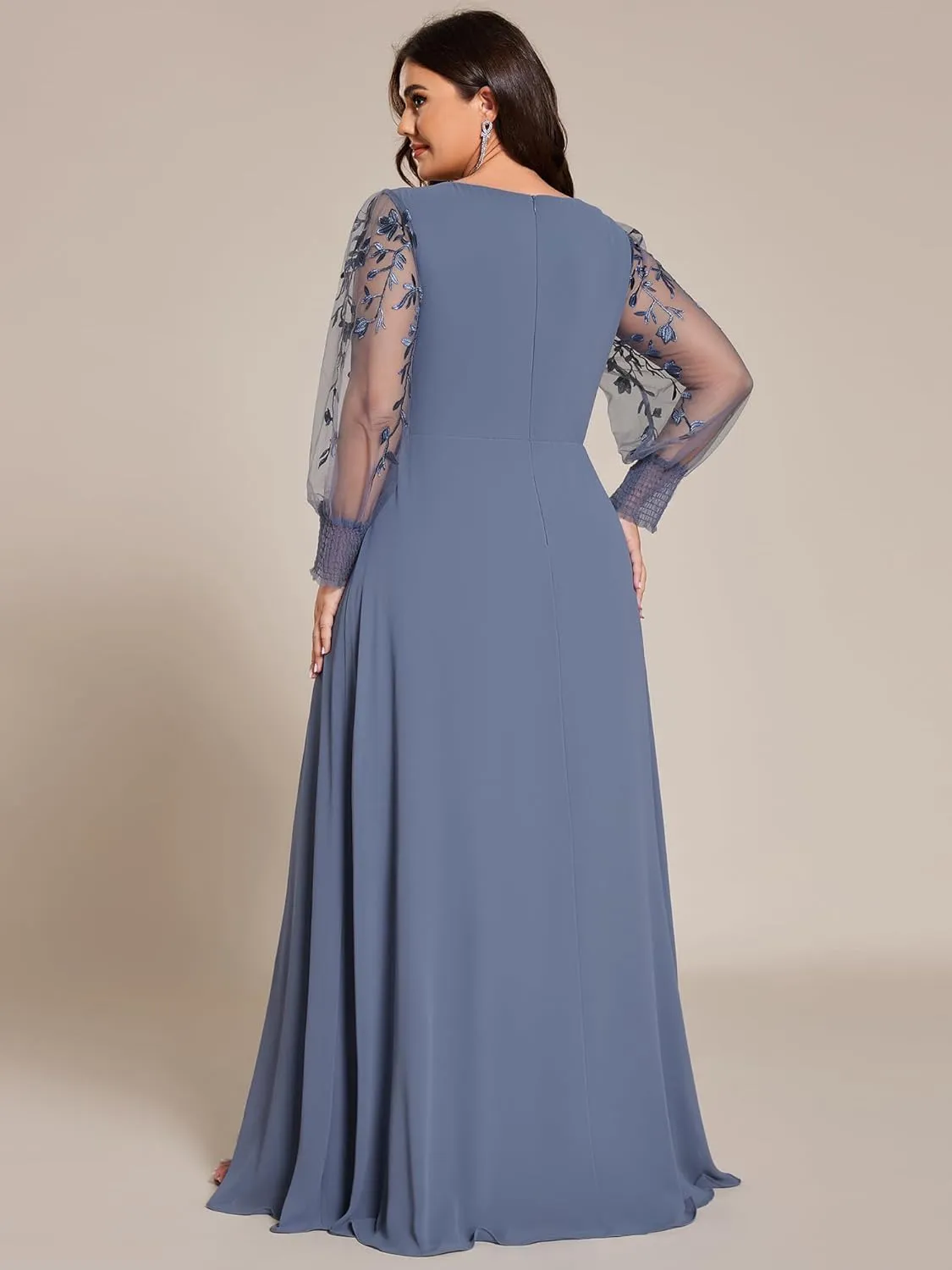 Ever-Pretty Plus Women's V Neck Trendy Embroidered Long Sleeves A Line Chiffon Split Plus Size Formal Evening Dress 02251-DA