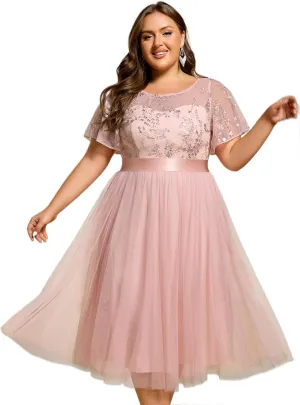 Ever-Pretty Women's Embroidered Tulle A Line Cocktail Dresses Short Sleeves Midi Plus Size Semi Formal Gowns