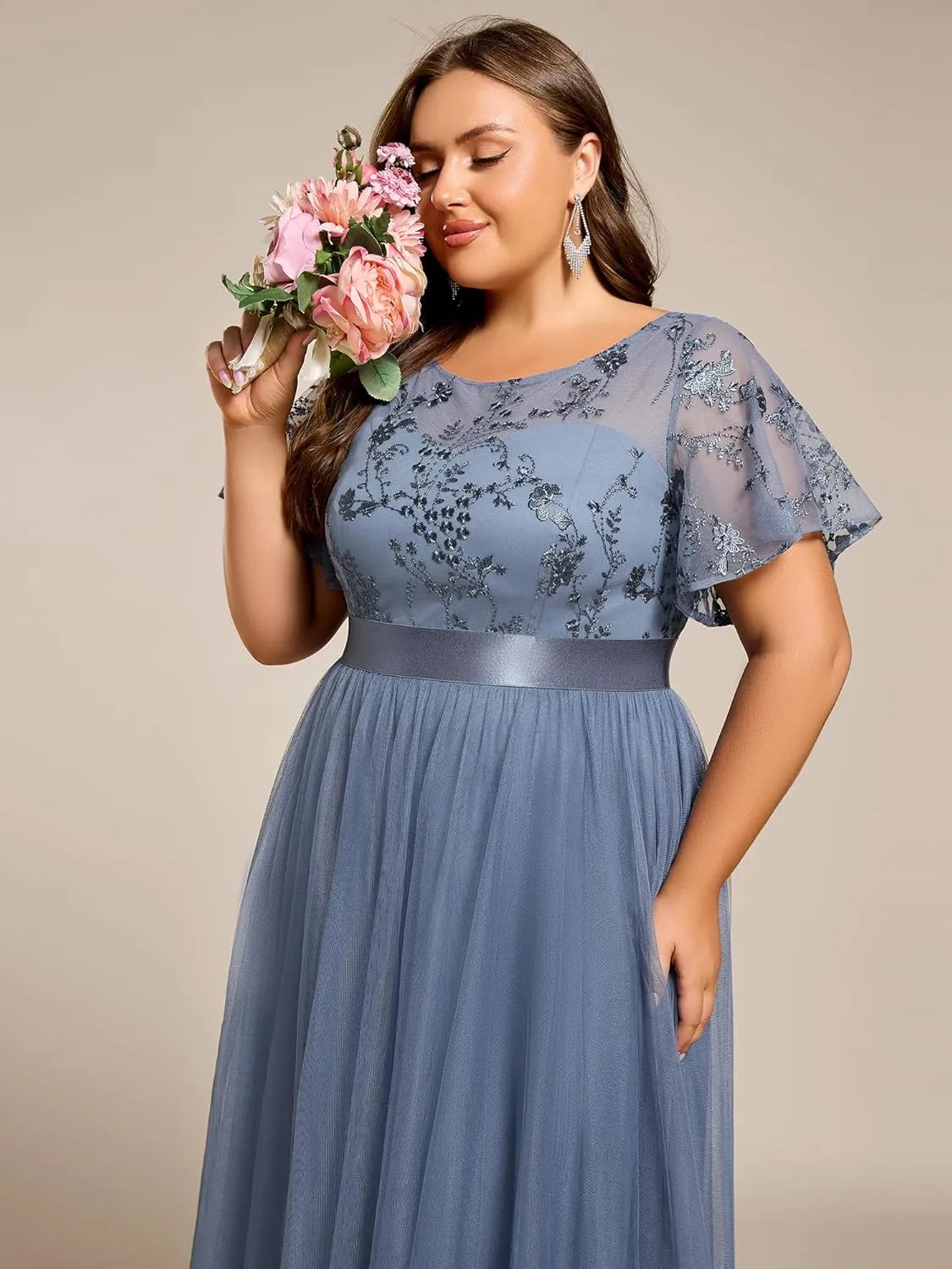 Ever-Pretty Women's Embroidered Tulle A Line Cocktail Dresses Short Sleeves Midi Plus Size Semi Formal Gowns