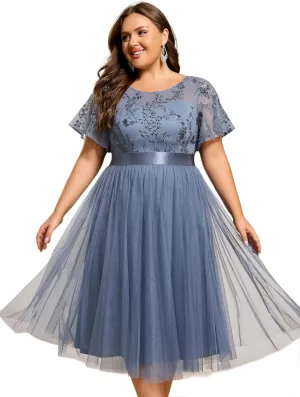 Ever-Pretty Women's Embroidered Tulle A Line Cocktail Dresses Short Sleeves Midi Plus Size Semi Formal Gowns