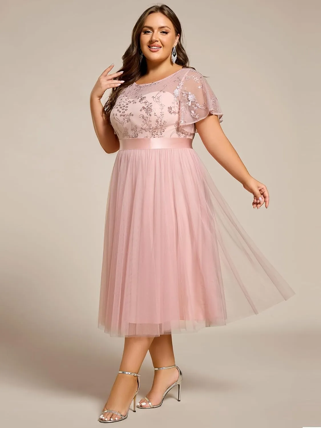 Ever-Pretty Women's Embroidered Tulle A Line Cocktail Dresses Short Sleeves Midi Plus Size Semi Formal Gowns