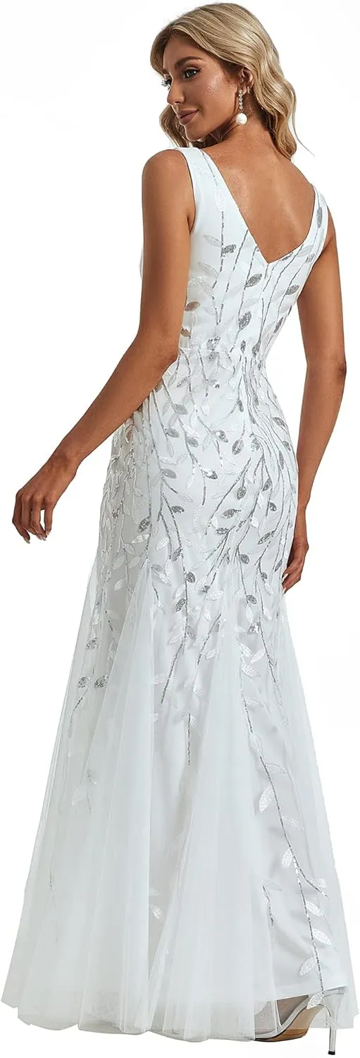 Ever-Pretty Women's Formal Dress Sequin Tulle Double V-Neck Sleeveless Mermaid Long Evening Dress 07886