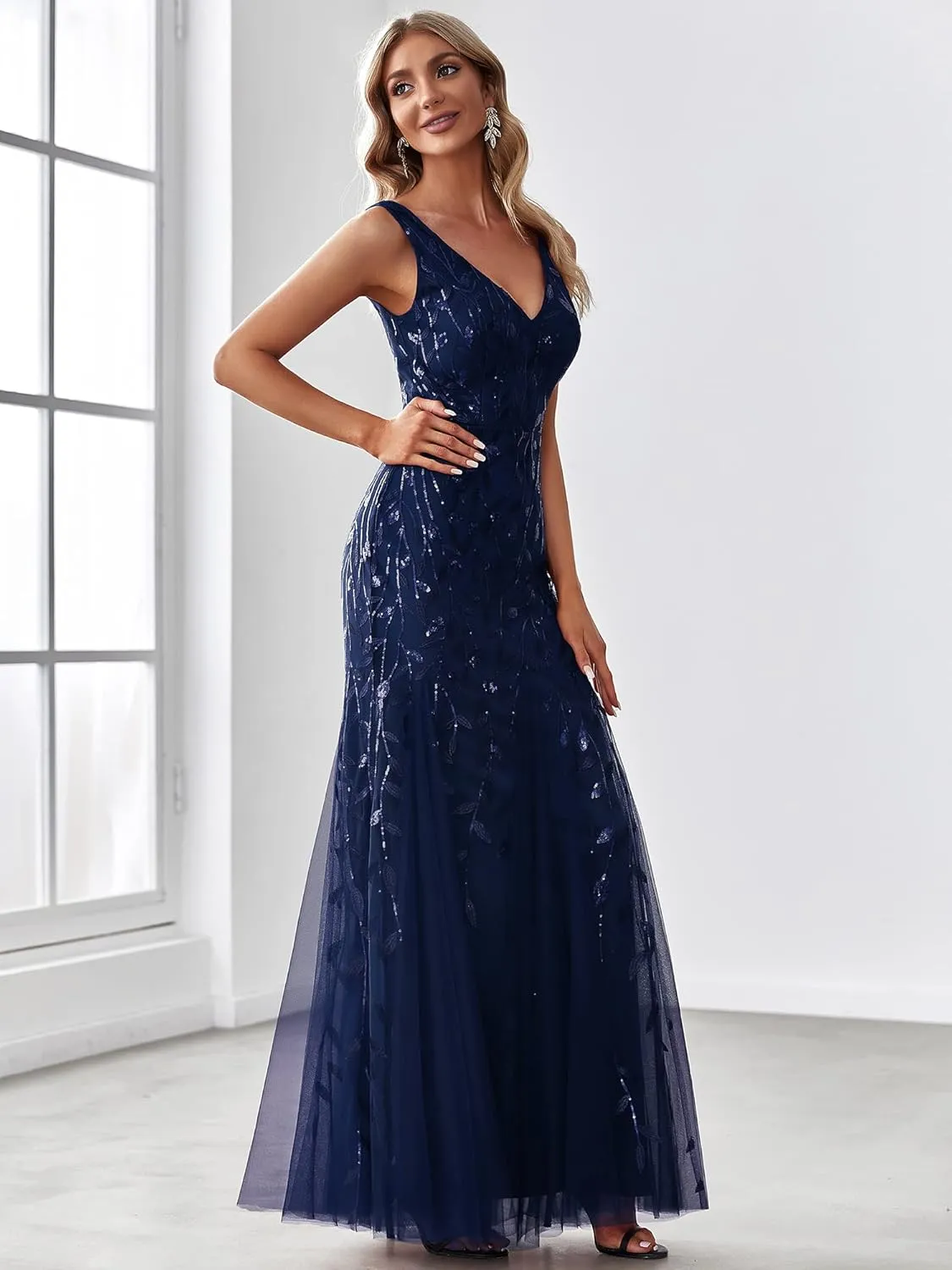 Ever-Pretty Women's Formal Dress Sequin Tulle Double V-Neck Sleeveless Mermaid Long Evening Dress 07886