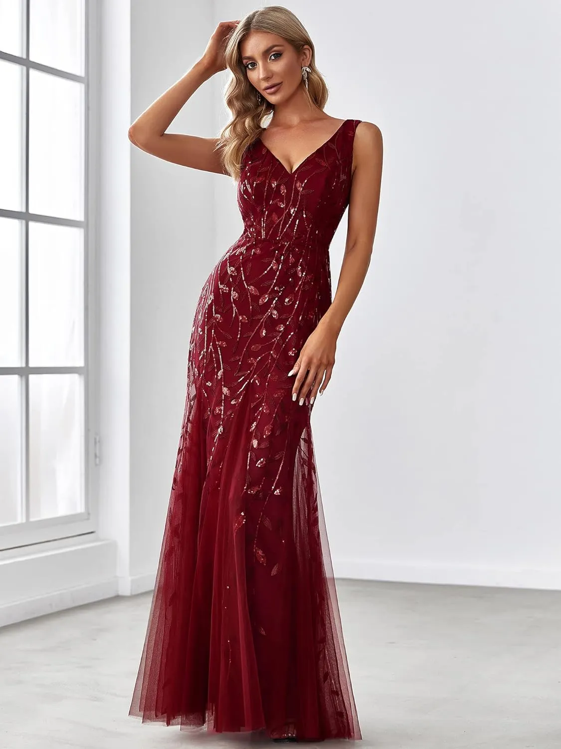 Ever-Pretty Women's Formal Dress Sequin Tulle Double V-Neck Sleeveless Mermaid Long Evening Dress 07886