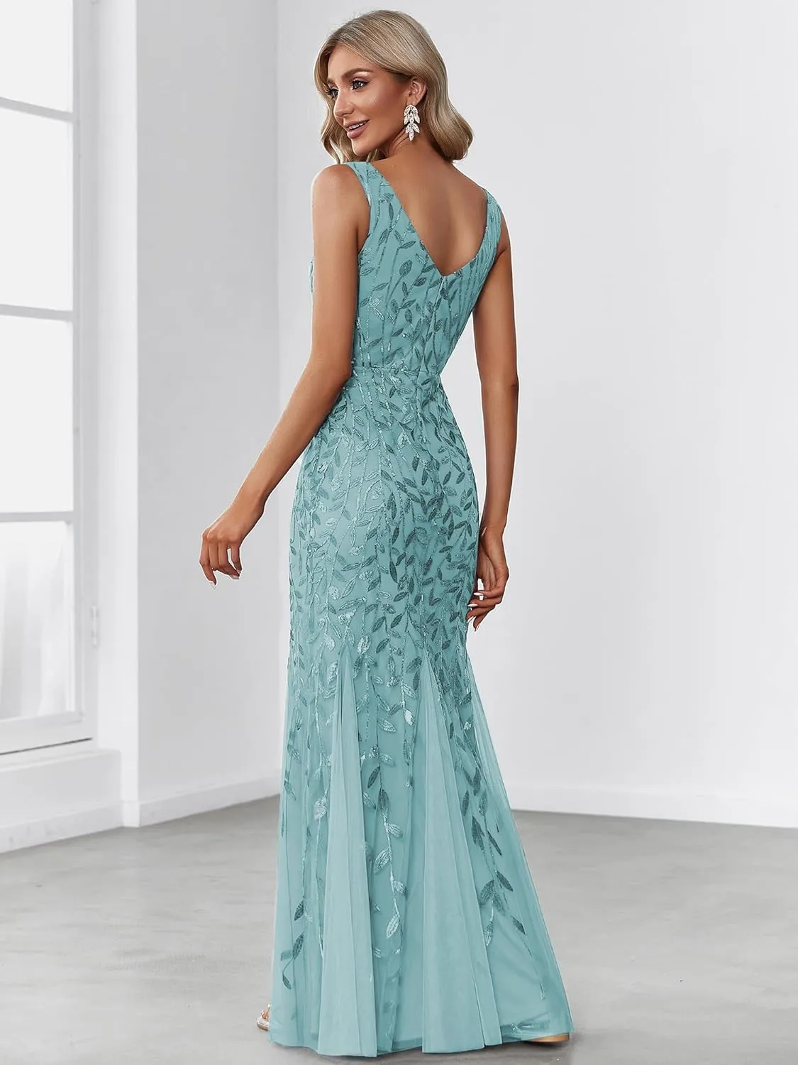 Ever-Pretty Women's Formal Dress Sequin Tulle Double V-Neck Sleeveless Mermaid Long Evening Dress 07886