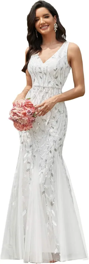 Ever-Pretty Women's Formal Dress Sequin Tulle Double V-Neck Sleeveless Mermaid Long Evening Dress 07886